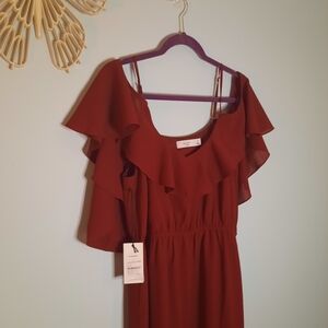 ALI & JAY Ruffled Cold Shoulder Maxi Dress in Burgundy